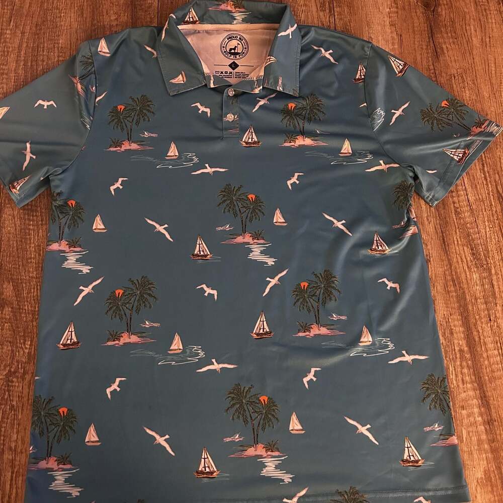 Proud 90 Golf Is Fun Sailboat Tropical Print Polo Shirt Size L B5